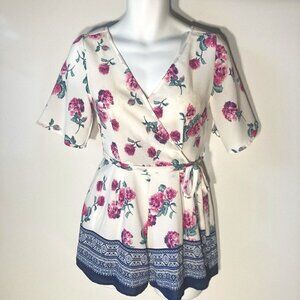 TRIXXI Francesca's SZ S NWT  Ivory & Pink floral wrap front short sleeve romper